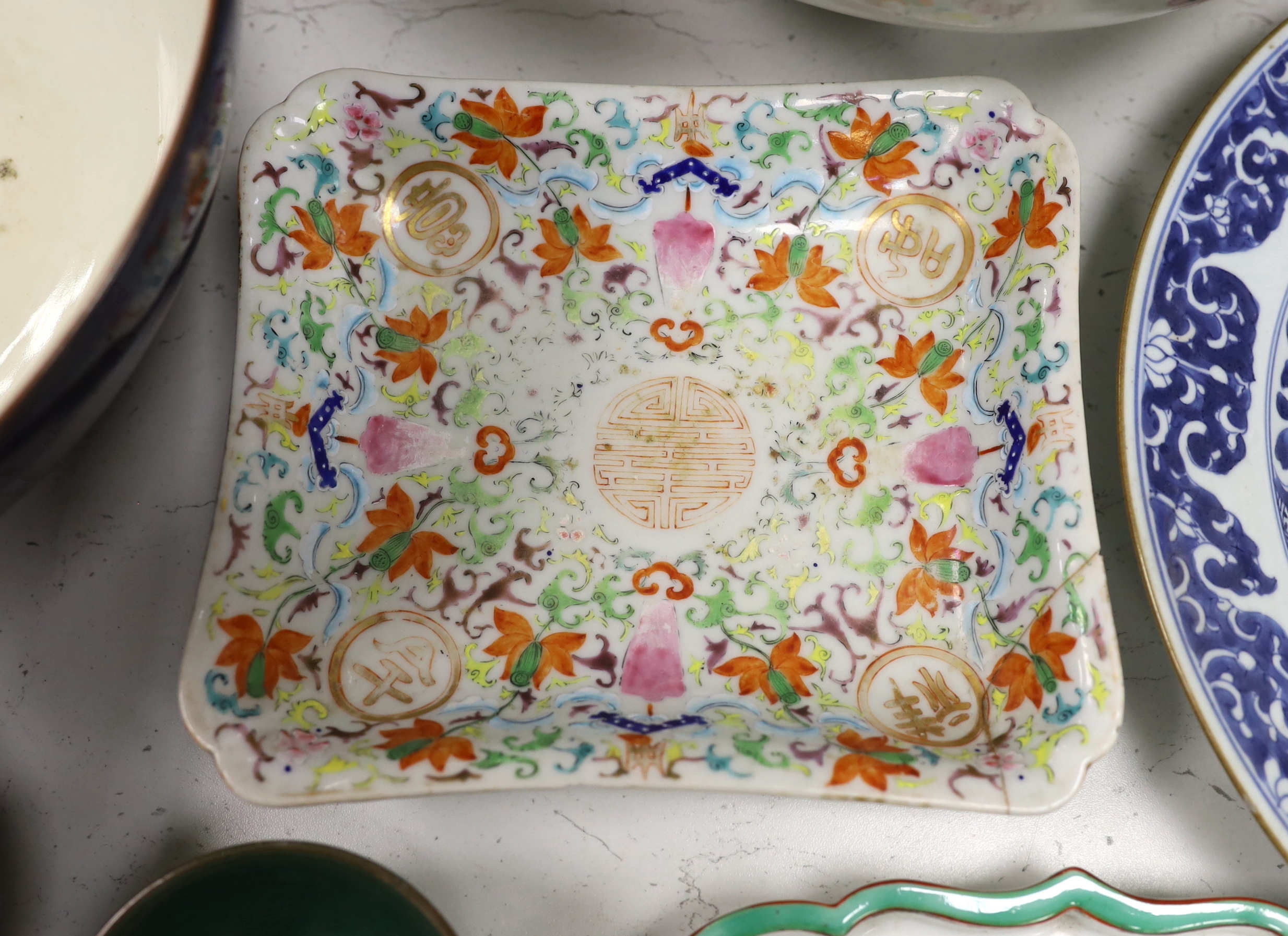 A group of 18th/19th century Chinese and Japanese ceramics to include - a famille rose vase, two large bowls, a blue and white plate and four other pieces, the largest 35cm high